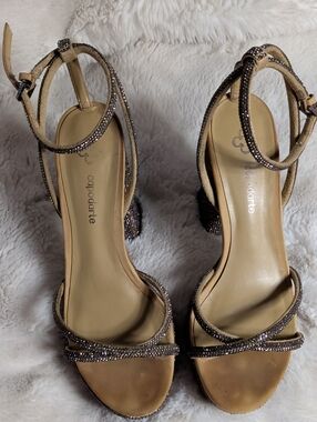 Capodarte Brazilian Taupe Beaded Ankle-Strap Heels